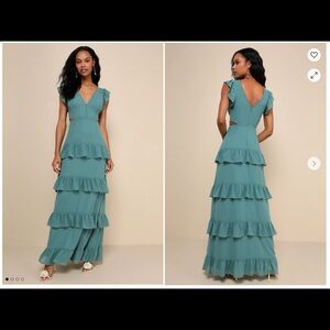 LuLus Elegant Mentality Teal Ruffled Dress NWT